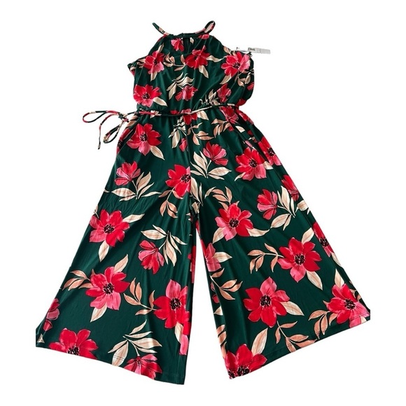 Maggy London Lottie Wide Leg Knit Crop Jumpsuit Jumper Size 4 Green Red Floral - Picture 14 of 15